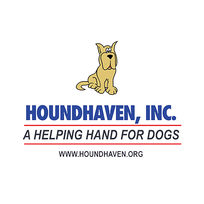 HoundHaven logo with sitting tan cartoon Great Dane. Under the dog are 3 lines of text. The first in blue in bold all capitals says HOUNDHAVEN, INC. This is following by a thin red line. The next line of text in all caps black says "A HELPING HAND FOR DOGS". This is followed by another red line. The final line of text is all caps and in black but of a smaller font size and says "WWW.HOUNDHAVEN.ORG